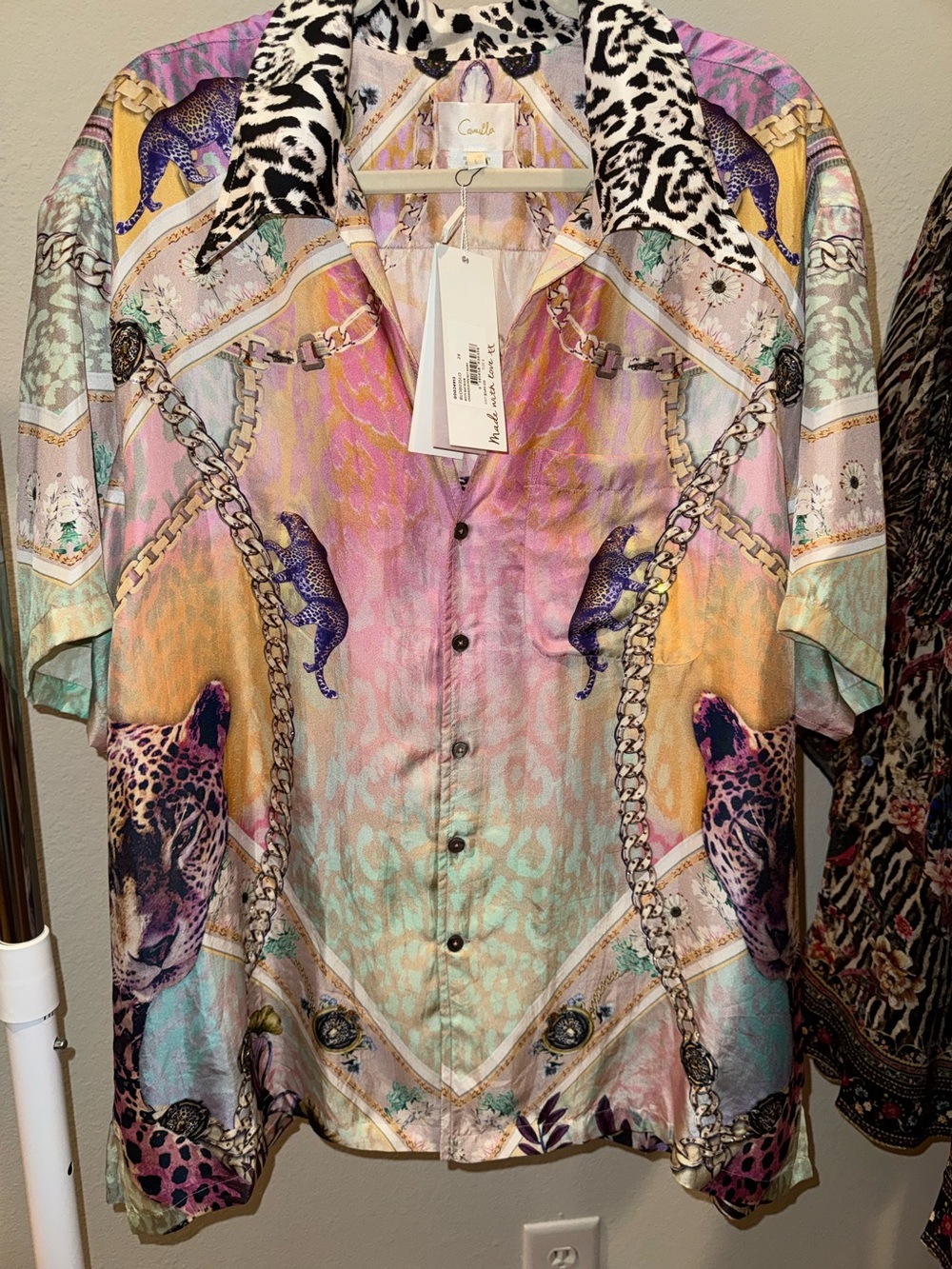 $549 CAMILLA Kitty Cat Club Silk Oversized Pocket Shirt! Sz L